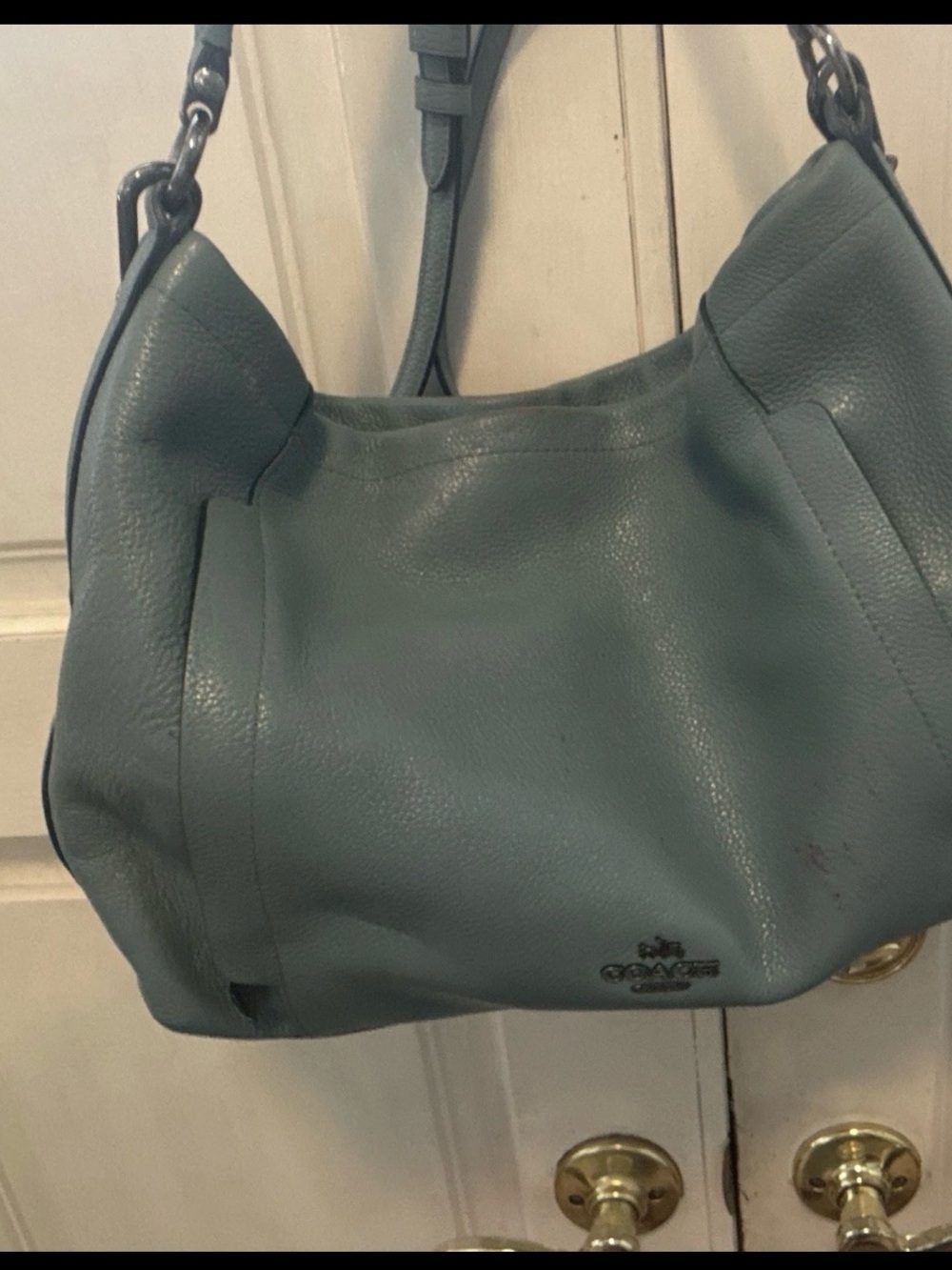 Coach Blue Pebbled Shoulder Bag Zip Top Detachable Strap Silver Hardware